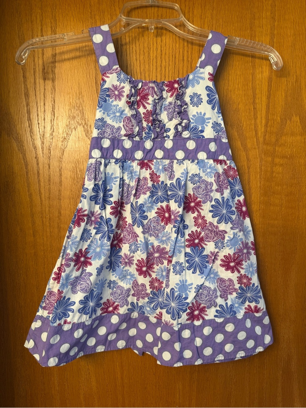 Girls' Purple Floral Sundress with Polka Dot Accents